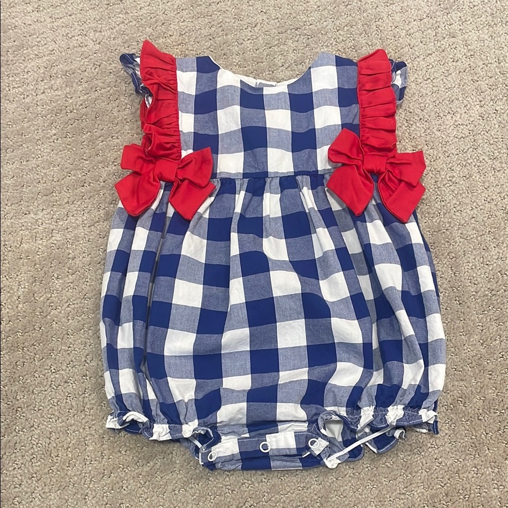 Cecil and Lou size 18m Girls Blue and White Checkered Baby Romper with Red Bows